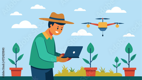 A farmer programming a precision planting drone with specific seed depths and spacing to meet the unique needs of each crop.. Vector illustration