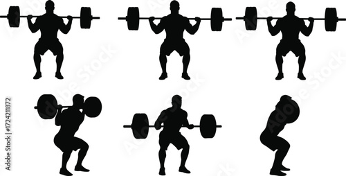 Silhouette of man lifting heavy barbell, weightlifter squat training, fitness workout illustration, bodybuilding exercise, strength athlete performing gym squat