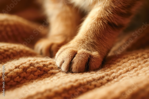 Close-up fluffy cat paws kneading a knitted blanket—comfort and warmth. generative AI