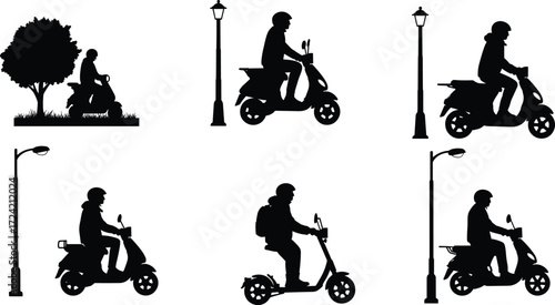 Silhouette of man riding scooter, urban street lamp illustration, tree background, motorbike rider commuting, transportation, delivery, city travel design vector