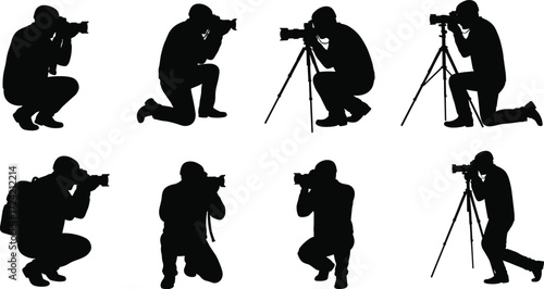 Silhouette of photographer taking pictures with camera, using tripod, professional photography, outdoor shooting, creative work, photo session, capturing moments, hobby