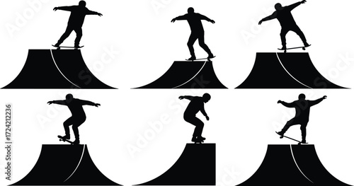 Silhouette of skateboarder performing tricks, skateboarding ramp, extreme sport, balance, urban lifestyle, action, youth culture, outdoor recreation, skate park