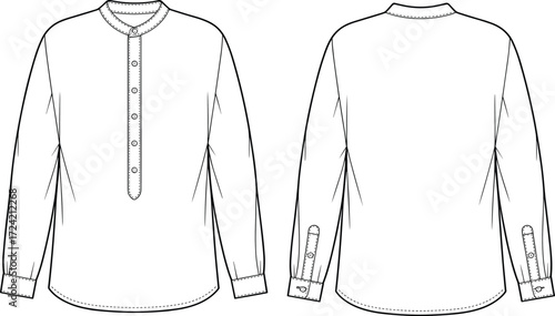 Band collar shirt technical flat sketch, front back shirt vector, placket design, fashion cad drawing, menswear long sleeve apparel