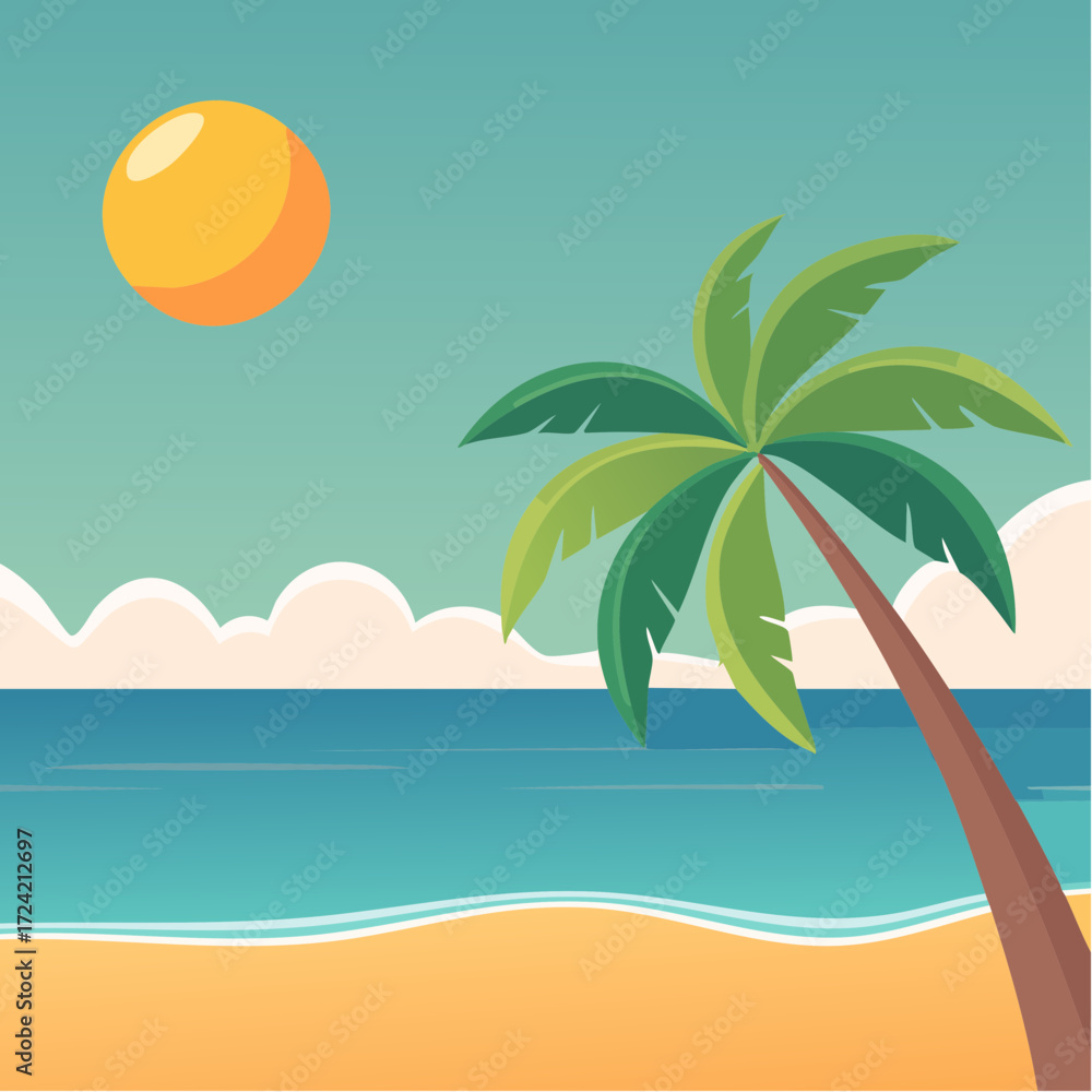 Fototapeta premium Palm tree under sun – flat tropical holiday illustration