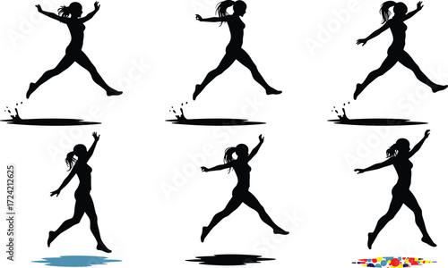 Silhouette woman jumping puddle, female athlete leap, fitness girl motion, active lifestyle concept, splash water jump, sports training design illustration