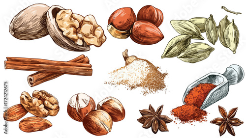 Assorted Nuts and Spices Collection for Food Lovers and Recipes