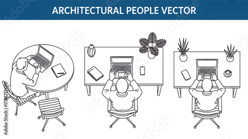 Top down view of architectural people silhouettes in a modern office setting with desks and plants silhouette
