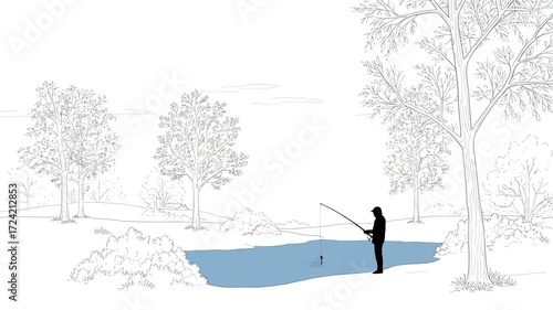 A lone person stands in silhouette fishing in a tranquil body of water surrounded by trees and nature silhouette