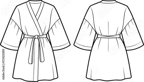 Belted kimono short robe technical drawing, fashion flat sketch template, front back view, vector outline, CAD apparel design