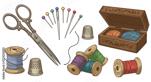 Vintage sewing supplies: scissors, thread, thimble, pins, box in retro art style