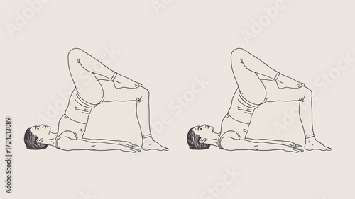 Two elegant figures in a graceful yoga pose depicted as a minimalist line drawing silhouette against a neutral background silhouette
