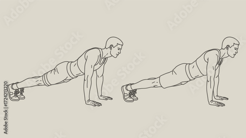 Two figures performing a push up exercise in a minimalist line drawing silhouette style demonstrating strength and fitness