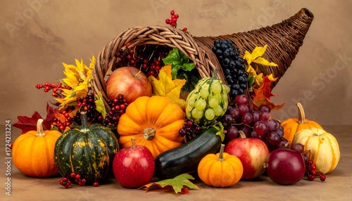 Artistic visual of a horn of plenty bountifully filled with autumn harvest