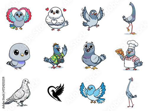 Colorful cartoon pigeons in various fun poses and styles  