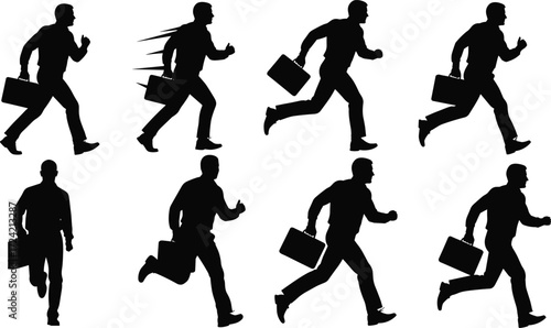 Businessman silhouette running with briefcase, corporate rush, office worker hurry, business concept, deadline pressure, career competition, urgent work life