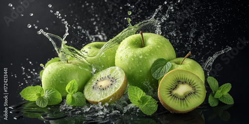 Splashing Fresh Green Apples and Kiwis with Mint Leaves Against Dark Background 
