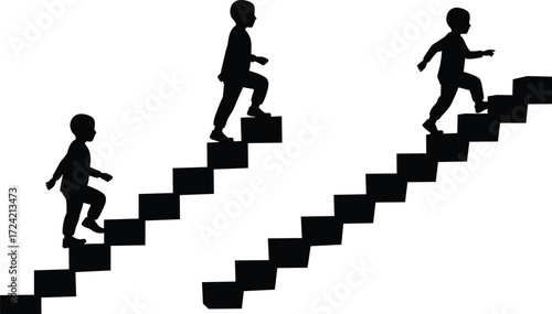 Silhouette child climbing stairs, boy walking upstairs, kid stepping on staircase, growth success concept, progress journey, achievement illustration, upward motion design