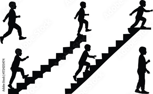 Silhouette child walking upstairs and downstairs, boy climbing steps, kid on staircase, growth concept, childhood progress, success journey illustration design