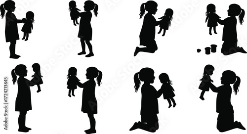 Silhouette little girl playing with doll toy, childhood imagination, child development, pretend play, family love, kids activity, fun silhouette