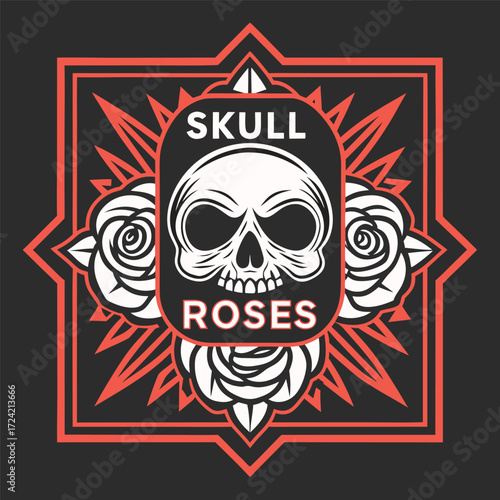 Edgy streetwear design detailed skull and roses emblem for t-shirts and apparel