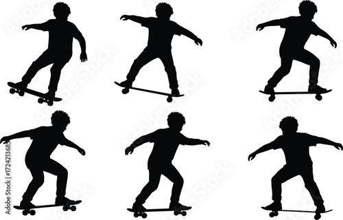 Silhouette man skateboarding on skateboard, performing tricks, urban sport, extreme activity, balance movement, lifestyle silhouette, street culture, active young skater