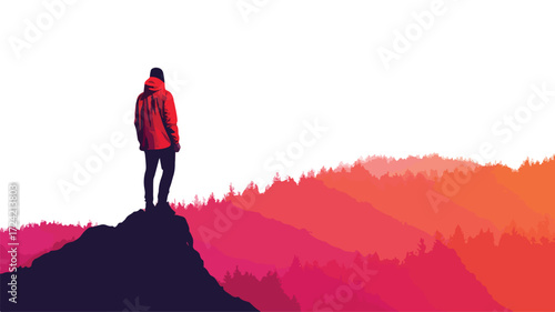 Man in Red Jacket Standing on Mountain Summit