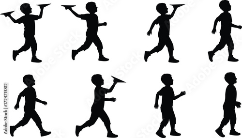Silhouette of boy holding paper airplane, child walking, playful kid activity, outdoor fun, childhood imagination, creativity, paper plane flying illustration