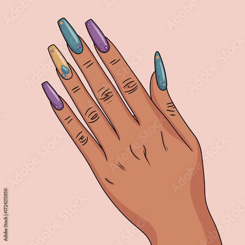 Artistic hand with colorful nail art on pastel background  