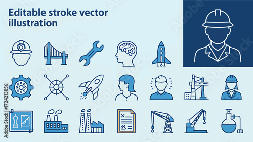 Collection of editable stroke vector illustrations depicting engineering and industrial concepts including tools and machinery silhouette