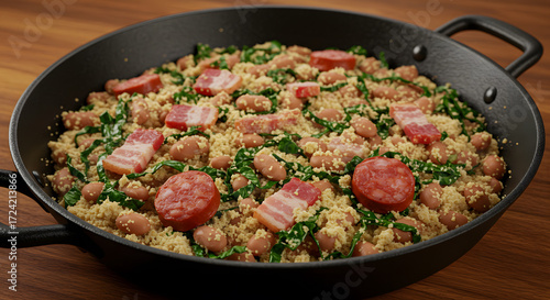 Delicious Feijão Tropeiro with Beans, Bacon, Sausage, and Fresh Greens Served Hot