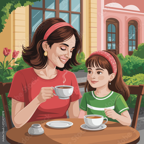 Mother and daughter enjoying coffee together at outdoor café  