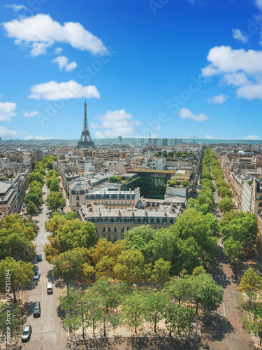 Aerial photograph of Paris, France, taken from the Arc de Triomphe. Paris on a summer afternoon.