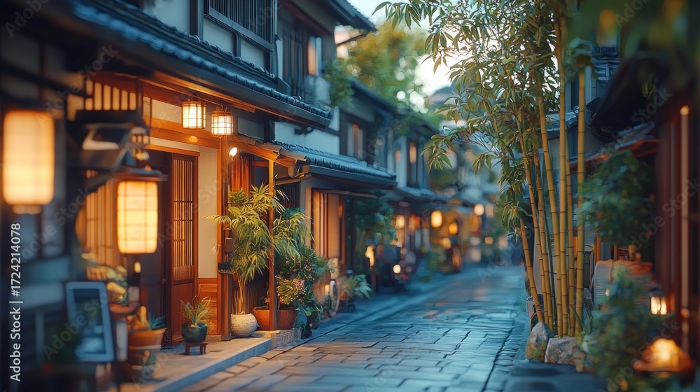 Fototapeta premium Idyllic Japanese street with traditional buildings and warm lantern lighting