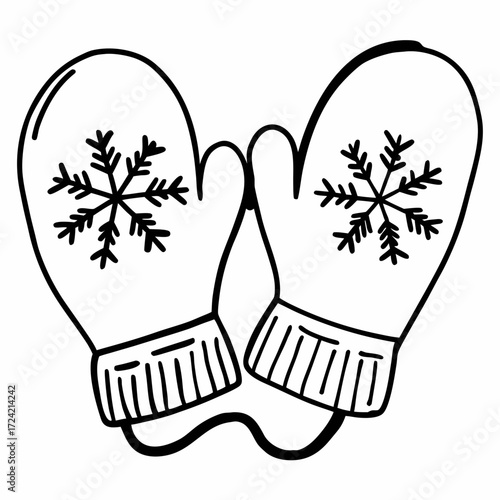 Winter mittens with snowflake patterns connected by string  