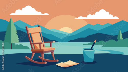 A comfortable rocking chair facing a scenic view with a stack of papers and a pen resting on the armrest.. Vector illustration