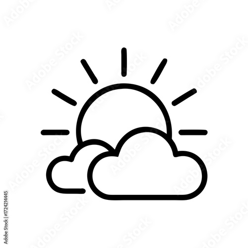 Sun peeking through clouds in a simple line art style  