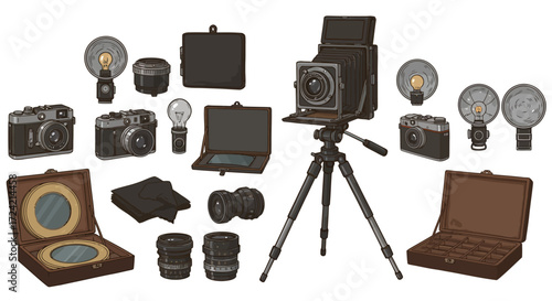 Vintage camera equipment collection with retro photography gear and accessories