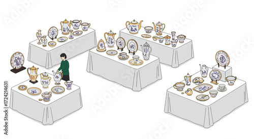Isometric setup of decorative ceramic plates and teapots on display tables