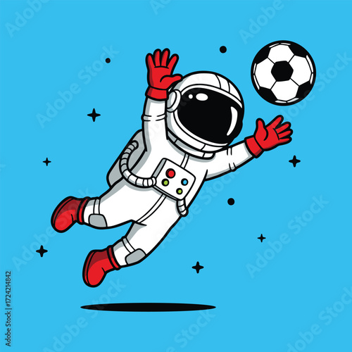 Astronaut Goalkeeper Playing Soccer Cartoon Illustration