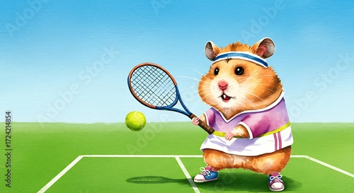 Hamster playing tennis on green court. Funny animal cartoon for children's book. Sporty pet character.