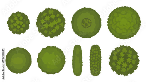 Collection of green spiky and smooth oval objects in silhouette against a white background showing multiple perspectives and sizes silhouette