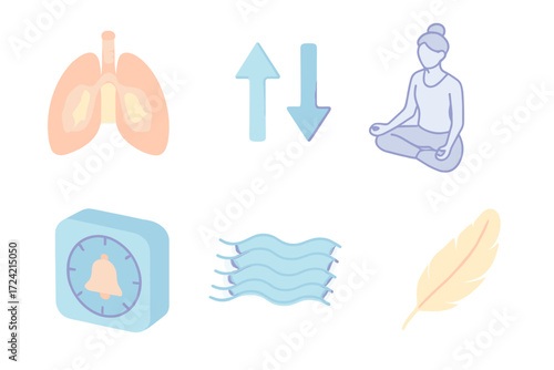 Breathing Techniques Icons. Isometric vector illustration set Breathing Techniques: lungs diagram glowing, inhale exhale arrows,