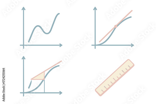 Tangent Line Geometry Icons. Isometric vector illustration set Tangent Line Geometry: smooth curve graph, tangent line touching at