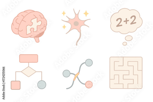 Brain Logic Icons. Isometric vector illustration set Problem Solving and Logic: brain with puzzle piece fitting, neuron sparks