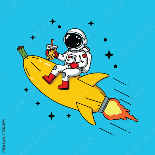 Astronaut Riding Rocket Cartoon Illustration