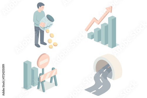 Sunk Cost Fallacy Illustration. Isometric vector illustration set Sunk Cost Fallacy: person holding broken investment jar, coins