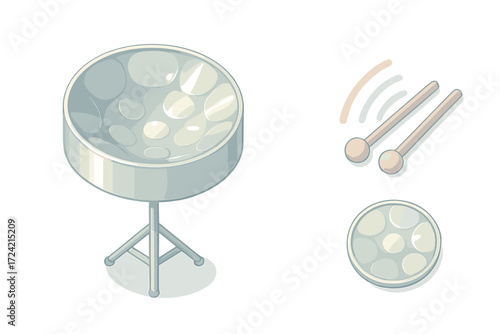 Pastel Steel Drum Icons. Isometric vector illustration set Steel Drum Instrument: round metallic steelpan, hammered note sections,