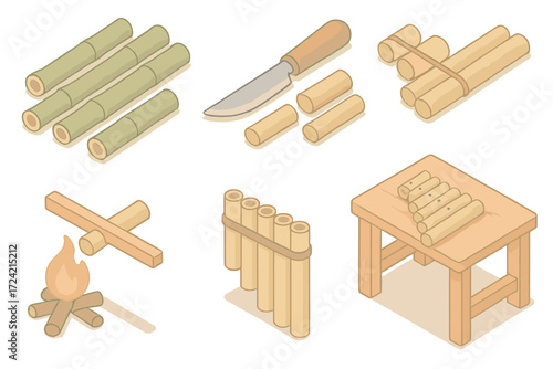Pan Flute Crafting Process. Isometric vector illustration set Crafting Pan Flute: bamboo stalks cut, knife carving tool, cord