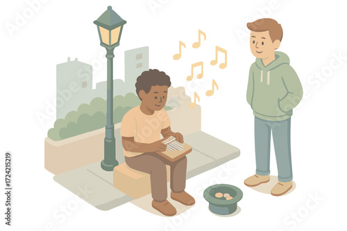 Street Music Vibes. Isometric vector illustration set Street Music Kalimba: musician busking with kalimba, open hat with coins,