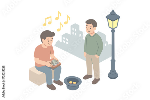 Street Music Vibes. Isometric vector illustration set Street Music Kalimba: musician busking with kalimba, open hat with coins,